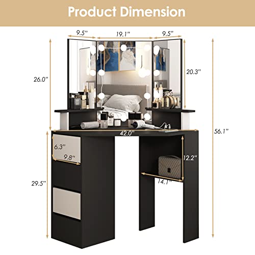 Corner Vanity Desk With Lighted Mirror & Power Strip,Black Makeup Vanity Table With Lights,42 Inch Corner Vanity Mirror With Lights And 4 Drawer, 3 Lighting Modes, Brightness Adjustable #TOP5