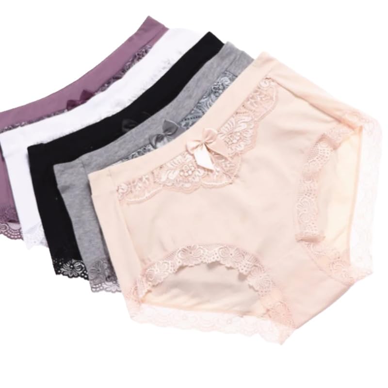 OLEETS Bragas Tanga De Mujer - 5 Unids/Set De Bragas De Algodón para Mujer, Ropa Interior De Encaje De Cintura Media De Talla Grande, Tangas Suaves Y Sexis De Moda