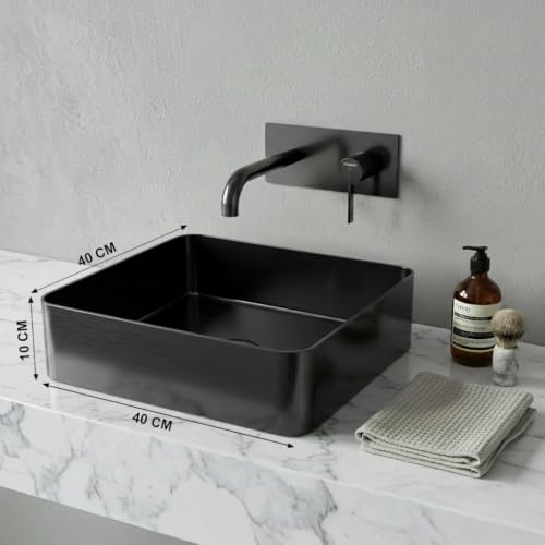 Image of Signora Basin 40x40 cm SS 304 Brushed Stainless Steel Counter Top Wash Basin for Bathroom | Luxury Finish Kitchen & Bathroom Sink | Get 2 Years Warrenty | Brushed Black