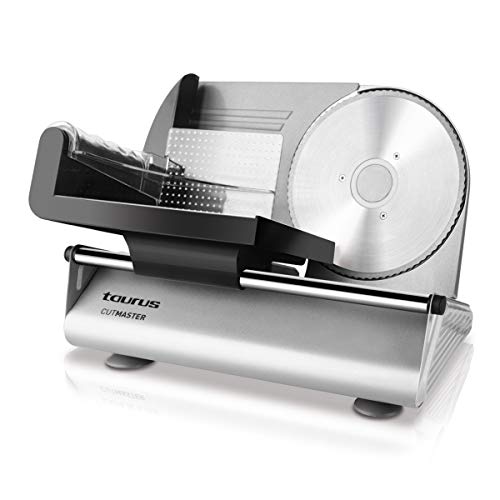 Taurus– Cortafiambres | 1 cuchilla Acero INOX Ø19 cm Corte Preciso| Grosor Ajustable 1 15mm embutido extrafino| Fácil Limpieza   Disco Extraíble| Protección Dedos| Cortador fiambres eléctrico 150W