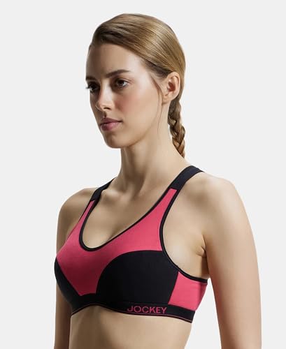 Image of Jockey 1378 Women Wirefree Padded Super Combed Cotton Elastane Stretch Full Coverage Racerback Active Bra with StayFresh and Moisture Move Treatment
