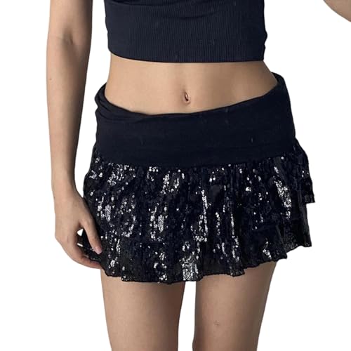 Cathery Women's Sequin Mini Skirts Mid Rise Tiered Ruffled A Line Layered Tiered Sparkly Party Club Going Out Short Skirt