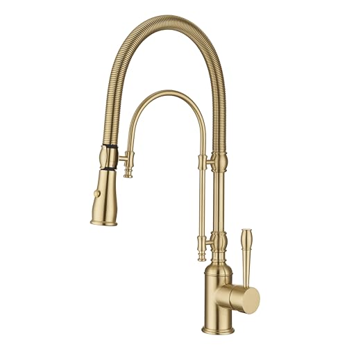 Image of Copper Kitchen Faucet, Single Handle, 360 Swivel High Arc Kitchen Sink Faucet, Brushed Gold Pull Down Kitchen Faucet Solid Brass Handle