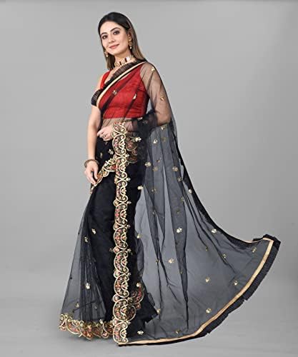 BARKIYA CREATION Women's Fashion Net Fabric Saree With Unstitch Blouse Piece