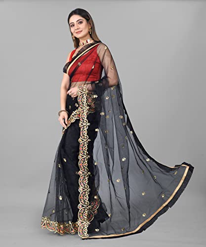 BARKIYA CREATION Women's Fashion Net Fabric Saree With Unstitch Blouse Piece
