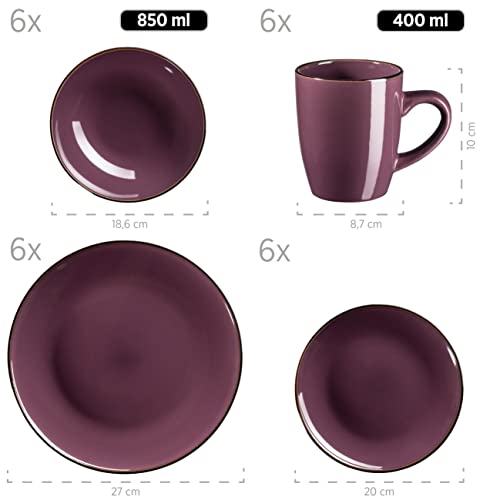 Modernes Geschirr Set für 6 Personen mit messingfarbenem Rand, 24-teiliges Kombiservice mit randlosen Coupe-Formen, Rosa