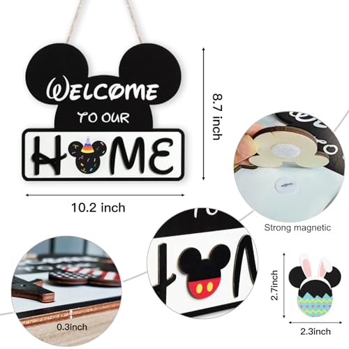 Cute Interchangeable Seasonal Welcome Door Sign, Rustic 11.8 Inch Round MDF Wooden Sign for Farmhouse Wall Porch Decor, Housewarming Gift