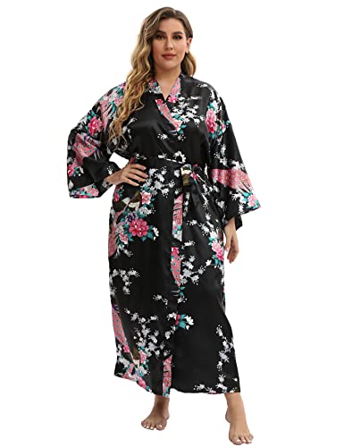 Image of Women's Floral Long Satin Robes Plus Size Long Silk Robes Peacock Floral Kimonos Sleepwear Dressing Gown