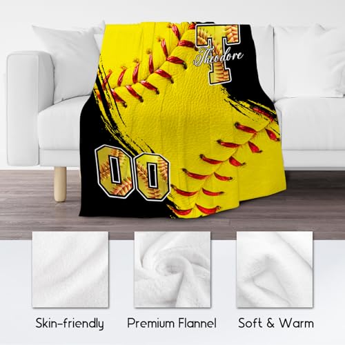 Custom Softball Blanket, Soft Sport Throw Gifts with Name, Cozy Flannel Throw Blankets for Bed Living Room, 60"x80" Gift for Adults