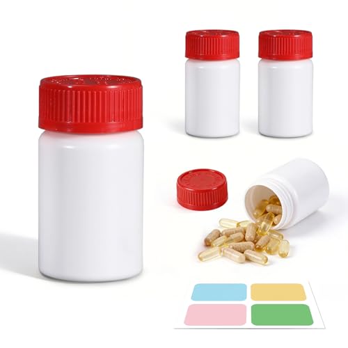 UMETASS 4 Pack Small Empty Plastic Bottles for Pills - Travel Medicine Containers with Lids & Labels Portable Daily Organizer Storage for Vitamins Medication Essentials