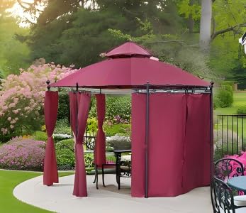 Auraway 11.5' Round Outdoor Gazebo with Curtains, Double Roof Design,