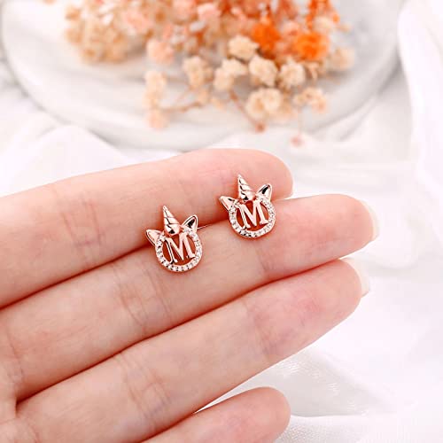 Unicorns Gifts For Girls, S925 Sterling Silver Post Rose Gold Plated Letter A Initial Stud Earrings Cubic Zirconia Hypoallergenic Unicorn Stud Earrings For Girls Women Unicorn Lovers Jewelry For Kids #TOP4