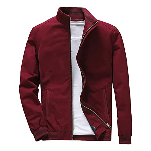 Maiyifu-GJ Men's Casual Washed Cotton Jacket Military Stand Collar Outdoor Windbreaker Lightweight Slim Fit Army Coat (Red Wine,Large)