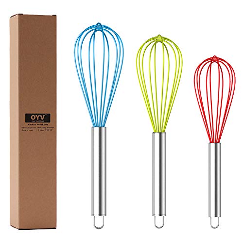 OYV Whisk Whisks for Cooking Silicone Mini Whisk 3 Pack Sturdy Colored Balloon Egg Beater for Blending Whisking Beating Stirring Cooking Baking BlueYellowRed