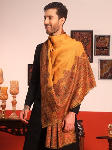 Image of Pashmoda Men Arcadia Borders Jamawar Shawl, Stole and Wrap, Sustainable and Natural Fabric, Heritage Kashmiri Pashmina, Medium Size for Gents, (Size 40x80 Inches)