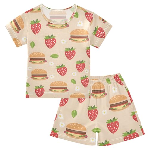 ALAZA Strawberry Hamburger Flower Floral Pajamas Short Sleeve 2 Piece Sleepwear Top and Bottom Pajama Set Unisex