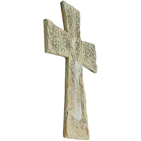 Tree of Life Wall Cross - Rustic Stone Look Verdigris Decorative Spiritual Art Cover