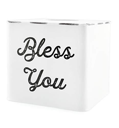 Auldhome White Tissue Box Cover; Enamelware Square Distressed Farmhouse Vintage Style Decor Tissue Holder #TOP4