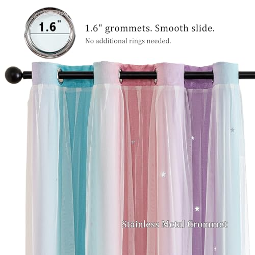 Image of indistar Dreamy Star Cutout Blackout Curtains with White Sheer,Double Layer Curtains for Girls Bedroom, Hollow Out Drapes for Nursery (2 Panel,52Wx63L,Purple Pink Green)