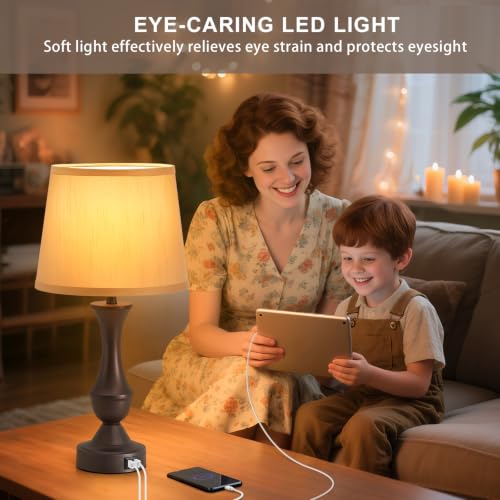 Image of Luvkczc 22 inch Table Lamp Set of 2 - Farmhouse Vintage Brown Bedside Lamp | Brown Fabric Shade, Dimmable, USB C+A Ports, Nightstand Lamp for Living Room Bedroom (Bulb Included)