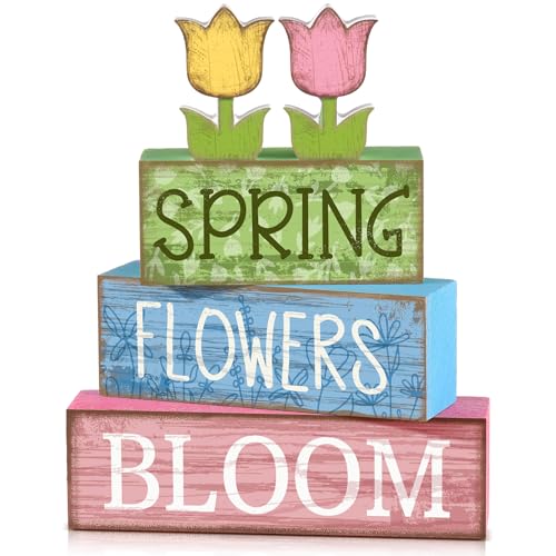 Image of Moucuny 4 Pcs Spring Table Decor Wooden Tulip Spring Tiered Tray Decor Flowers Table Centerpiece Decorative Colorful Tulip Block Signs Gift Farmhouse Flowers Decoration for Home Kitchen Shelf