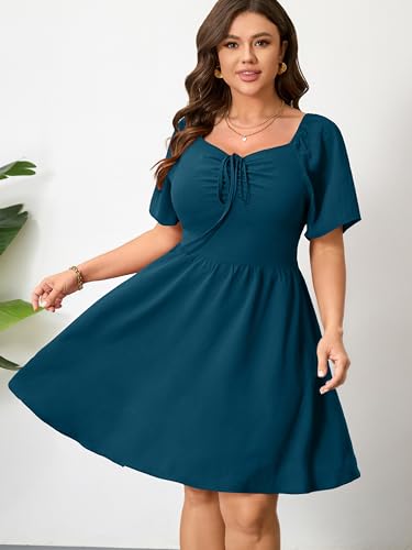 Image of RWJ Women Plus Size Summer Dress Short Sleeve Tie Front Sweetheart Neck Casual Mini Wedding Guest Dresses 2025