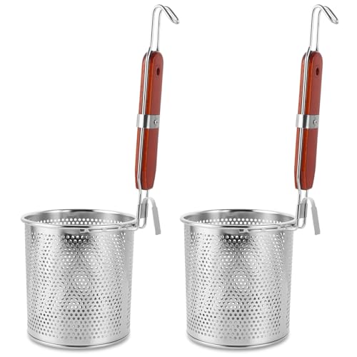 LDXDRU Lot de 2 passoires à pâtes acier inoxydable de 14 cm - Micro-perforées - Manche en bois - Passoire de cuisine - Passoire à vermicelles