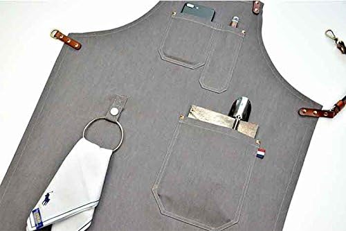 XIAKA Gray Denim Bib Apron w/Leather Back Waist Strap Barista Baker Bartender BBQ Chef Uniforms (B, S)