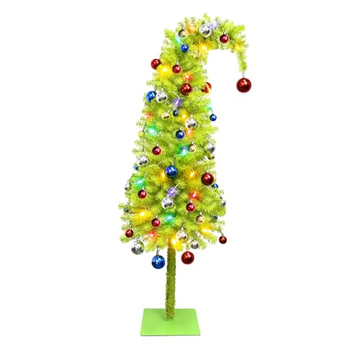 5FT Christmas Tree Bendable Whimsical Artificial Tree w/16ft LED Lights & Metal Base & 50 Baubles Outdoor & Indoor Christmas Decoration (With colored balls)