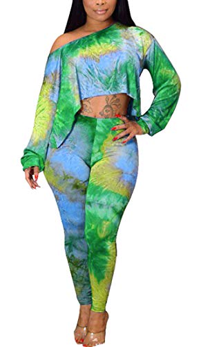 Aro Lora Women's 2 Piece Jumpsuit Tie Dye Print One Shoulder Long Sleeve Crop Top Bodycon Pant Set Outfit Large Green
