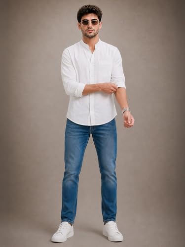 Image of Veirdo Men's Stylish Solid Casual Shirt | Chinese Collar Pure Cotton | Available in Black, Brown, Rust, Olive, White & Navy | Sizes S to XXL