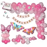 seto decorativo artificial profer green TODO EN UN PACK: Incluye guirnalda de FELIZ CUMPLEAÑOS, 27 globos blancos; 15 pequeños, 10 medianos y 2 grandes. 45 globos rosas; 15 pequeños y 30 medianos en tres tonos diferentes. Dos globos grandes de aluminio en forma de mariposa y 10 mariposas pequeñas decorativas. Además de todo lo necesario para montar el arco de globos.