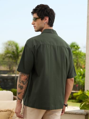 Image of The Souled Store Zipper Shirt: Men and Boys Short Sleeve Spread Collar Zipper Front Solid Textured Regular Fit Casual Easy to Style Everyday Office Wear Cotton Shirt