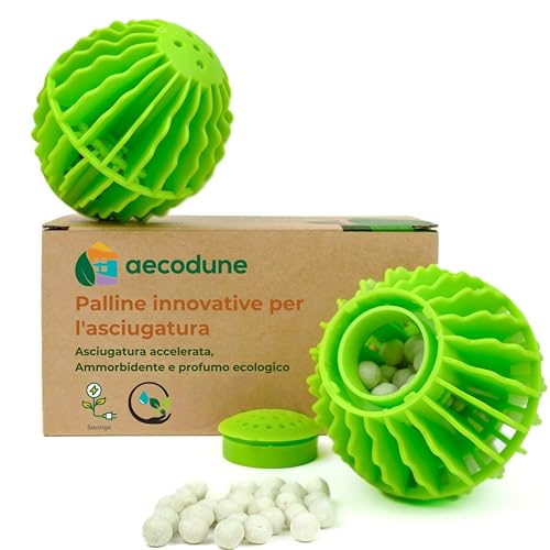 aecodune Palla Asciugatrice Innovativa, 2x Palla per Asciugatrice Riutilizzabile – Riduce il Tempo di Asciugatura - Ammorbidente per Biancheria e Profumo di Bucato - Ingredienti Naturali ed Economie