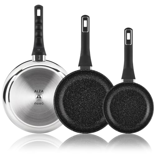 ALZA Classic - Set Sartenes 20+24+28cm, Acero Inoxidable, Antiadherente Tricapa Libre de PFOA, Todo Tipo de Cocinas, Inducción, Perfil Sirve-Fácil