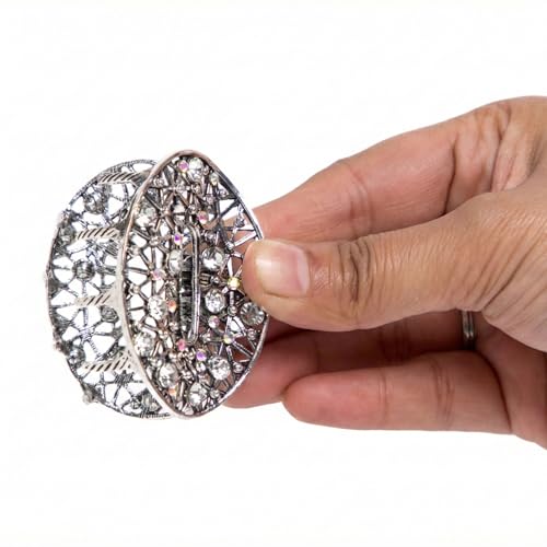 Image of Radhu & Kabby Metal Round Stone Hair Claw Clip Pack | Gold, Silver & Rose Gold Stylish Oval Crystal Claw Clips for Women | Strong Grip Vintage Rhinestone Hair Accessories | Pack of 3