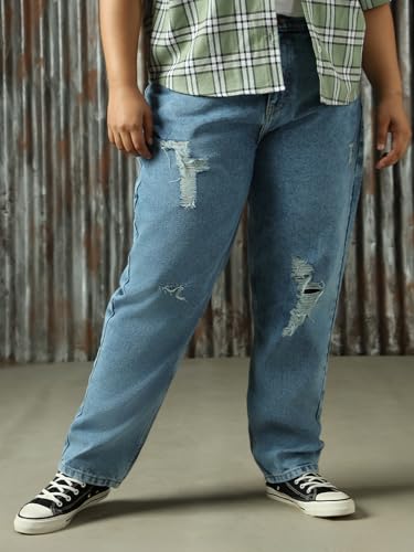 Image of High Star Women Cotton Washed Mom Fit Casual High-Rise Jeans