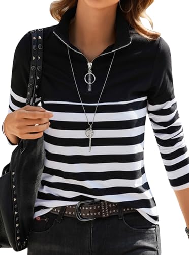 LilyCoco Womens Striped Long Sleeve Shirt Color Block Zipper Polo T Shirts