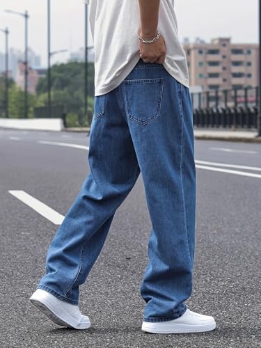 Image of THIRD QUADRANT Men's Relaxed Fit Non-Stretch Blue Denim Jeans | Classic Straight Leg | Everyday Jeans