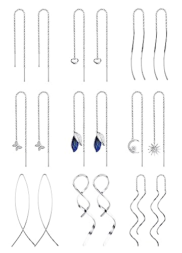 ORAZIO 9 Pairs Threader Earrings for Women Stainless Steel Chain Tassel Earrings Lightweight Double Twist Wave Heart Moon Leaf Threader Dangle Drop Earrings Minimalist Long Chain Earrings Set