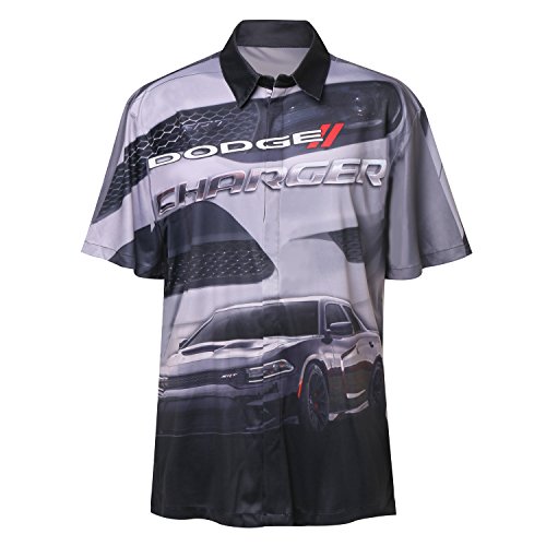 David Carey Dodge Charger Pit Shirt â€“ Grey & Black â€“ Button Up Collared Short Sleeve Dry-Wicking Camp/Club Shirt with Logo, 2XL Gray