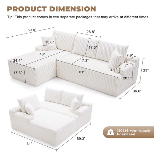 Cloud Sectional Couch, Modular Sectional Sofa for Living Room, Boneless Sofa with Deep Seat, Fluffy Comfy Couch with L-Shaped Chaise, No Assembly Required, Beige
