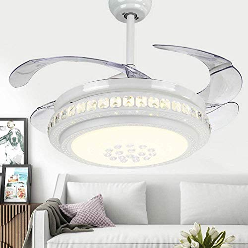 Lighting Groups 42" Retractable Reversible Crystal Ceiling Fans with Light Remote Control 4 Invisible Clear ABS Blades Diningroom Bedroom Fan Chandelier Indoor LED Ceiling Light Kits with Fans (White)