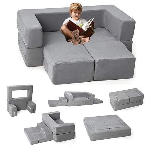 3pcs Kids Couch,Child Sectional Sofa,Multifunctional Couch for Playing, Creativing, Sleeping,Imaginative Kids Furniture for Bedroom and Playroom (Grey) 3pcs