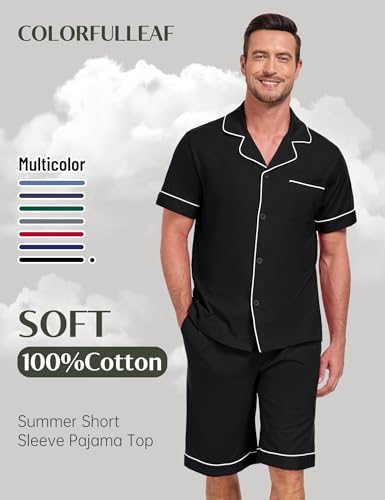 COLORFULLEAF 100% Cotton Men's Pajamas Set Short Sleeve Sleepwear for Men Soft Button Down Loungewear with Pockets2