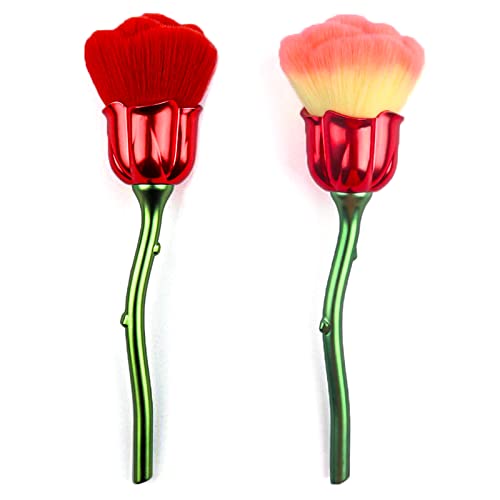 XEAOHESY 2 Pieces Rose Flower Makeup Brushes Flower Blush Brush Large Face Powder Makeup Brushes kabuki brushes for Powder Cosmetic Nail Dust Brush Loose Powder Brush Makeup Tools (Red/Yellow Pink)