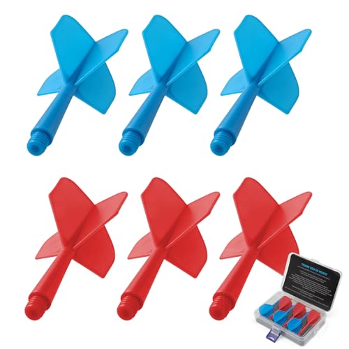 HUANQU Integrated Dart Flights and Shafts, 6Pcs Red/Blue Professional Dart Replacement Flights Accessories，for Steel/Soft Tip Darts, 90°Precision Moulded，Universal 2BA Fit for Instant Setup