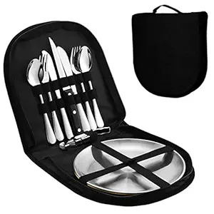 Proberos 10Pcs Cutlery Set for 2 Person with Portable Bag, Food-Grade Stainless Steel Picnic Set Include Plate Knife Fork Spoon Opener Wine Opener, Lightweight Cutlery Set for Camping Picnic Travel
