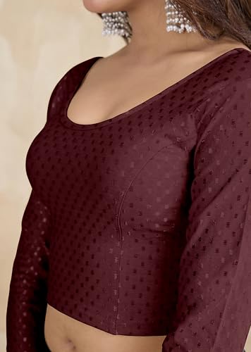 Image of TRENDMALLS Women's Dobby Pure Cotton Elastin Stretchable Readymade Round Neck Full Length Sleeves Blouse Choli Stylish Saree Blouse Ready to Wear