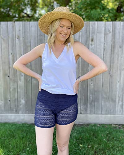 Shorts de natação feminino de renda da ATTRACO, Navy(hollow Out), X-Large